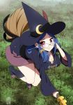  1girl absurdres blue_hair breasts broom broom_riding cleavage crescent crescent_moon_pin dress full_body glasses hat highres large_breasts little_witch_academia long_hair looking_at_viewer red_eyes smile solo totallyiryanic ursula_charistes witch_hat 