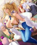 animal_ears artoria_pendragon_(all) artoria_pendragon_(lancer) artoria_pendragon_(swimsuit_ruler)_(fate) bare_shoulders blonde_hair blue_legwear breasts bunny_day bunny_ears bunnysuit casino casino_card_table fate/grand_order fate_(series) green_eyes hair_between_eyes highres jewelry large_breasts looking_at_viewer mash_kyrielight necklace pantyhose satou_daiji sitting 