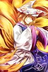  1girl blonde_hair commentary_request dress fox_girl fox_tail from_side hat kitsune kutsuki_kai long_sleeves mob_cap multiple_tails one-hour_drawing_challenge short_hair solo tabard tail touhou white_dress white_headwear wide_sleeves yakumo_ran yellow_eyes 