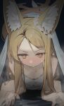  1girl 1other absurdres alternate_costume animal_ear_fluff animal_ears bare_shoulders blonde_hair blue_archive blush ear_ornament fox_ears fox_girl highres long_hair looking_at_viewer mouth_hold pov seia_(blue_archive) sweat syhan under_covers v-shaped_eyebrows yellow_eyes 