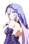  1girl ani_meso arm_belt backless_dress backless_outfit bare_back bare_shoulders black_swan_(honkai:_star_rail) commentary_request dress elbow_gloves gloves honkai:_star_rail honkai_(series) long_hair looking_at_viewer pink_lips purple_dress purple_hair simple_background smile solo upper_body veil very_long_hair white_background yellow_eyes 