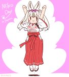  1girl animal_ears bell blush bow chihaya_(clothing) coroha extra_ears grey_hair hakama hakama_skirt japanese_clothes jingle_bell jumping kagura_suzu kemono_friends kemono_friends_3 kimono long_hair looking_at_viewer miko miko_day multicolored_hair rabbit_ears rabbit_girl red_hakama ribbon-trimmed_sleeves ribbon_trim sandals skirt smile snowshoe_hare_(kemono_friends) solo tabi white_hair white_kimono wide_sleeves zouri 