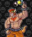 2020 2_horns 5_fingers abs absurd_res alternate_form animal_humanoid armpit_hair artist_name belt belt_buckle biceps black_eyes body_hair bottomwear bowser bracelet chest_hair clenched_teeth clothed clothing curved_horn eyebrows facial_hair fangs fingers green_body green_scales grey_belt grey_bracelet hair hand_on_hip happy_trail hi_res holding_wand horn humanoid humanoid_pointy_ears humanoidized jewelry koopa_humanoid light_body light_skin male male_humanoid mario_bros muscular muscular_humanoid muscular_male navel nintendo open_mouth orange_eyebrows orange_hair outline pants pattern_background pecs pockets pumpking_wolf raised_arm scales scalie scalie_humanoid sideburns simple_background solo spiked_belt spiked_bracelet spiked_tail spikes spikes_(anatomy) tail tan_horn tan_spikes teeth topless topless_humanoid topless_male wand white_outline yellow_body yellow_bottomwear yellow_clothing yellow_pants yellow_scales yellow_tail
