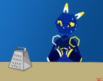  android anthro blue_background blue_body bodily_fluids cheese_grater dezolance domestic_cat e621 esix felid feline felis head_markings lagomorph leporid machine male mammal markings mascot robot simple_background solo sweat 