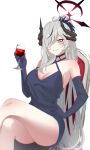  1girl absurdres alcohol bare_shoulders black_halo black_horns blue_archive blue_dress blue_eyes blue_gloves breasts crossed_legs cup demon_horns dress drinking_glass earrings elbow_gloves evening_gown gloves grey_hair hair_over_one_eye halo hand_on_own_hip higeji_(higeji404) highres holding holding_cup horns jewelry long_hair makoto_(blue_archive) makoto_(dress)_(blue_archive) multiple_horns official_alternate_costume ponytail red_wine sitting smile thighs very_long_hair white_background wine wine_glass 