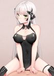  1boy 1girl bangs bar_censor black_dress blush breasts censored closed_mouth collarbone commentary_request covered_nipples cowgirl_position dress eyebrows_visible_through_hair gager_(girls_frontline) girls_frontline green_eyes grey_hair gwegwe hands_on_another&#039;s_stomach hetero korean_commentary looking_at_viewer sex shiny shiny_hair solo_focus spread_legs straddling thigh_strap watermark 