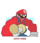  1boy alternate_muscle_size angry biceps black_cat_(series) blue_eyes frown gloves liyamou long_mustache looking_at_viewer male_focus mario mario_(series) muscular muscular_male overalls parody polo_shirt short_hair solo thick_arms thick_eyebrows upper_body wrinkled_skin 