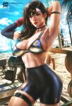  1girl absurdres arm_strap arms_up artist_name bike_shorts bikini bikini_top_only black_choker black_hair breasts choker day final_fantasy final_fantasy_vii final_fantasy_vii_remake gloves highres large_breasts lips logan_cure long_hair looking_at_viewer outdoors paid_reward_available red_eyes red_gloves solo sweat swimsuit teardrop_earrings thigh_strap tifa_lockhart weights 