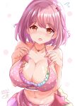  1girl bare_arms bare_shoulders bikini blush braid breasts brown_eyes cleavage collarbone commentary_request dated earrings flying_sweatdrops highres hoshizaki_akari jewelry large_breasts looking_at_viewer navel nose_blush ongeki open_mouth pink_bikini pink_hair polka_dot polka_dot_bikini shell shell_earrings signature simple_background solo swimsuit tears twin_braids twitter_username undersized_clothes white_background xenon_(for_achieve) 