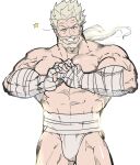  1boy abs bara beard cowboy_shot cracking_knuckles facial_hair full_beard fundoshi granblue_fantasy highres japanese_clothes large_pectorals male_focus mature_male midriff_sarashi muscular muscular_male mustache old old_man one_eye_closed pectorals sarashi scar sekigan_no_samurai_(gatu_1221) short_hair solo soriz standing strongman_waist thick_beard thighs topless_male wink_star wrinkled_skin 