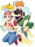  2boys :d blue_oak blue_pants brown_eyes brown_hair buttons collared_shirt commentary_request green_footwear green_pants hat highres holding_strap male_focus mochi_(mocchi_p_2m) multiple_boys open_mouth orange_hair pants pikachu pokemon pokemon_(creature) pokemon_sm red_(pokemon) red_footwear red_headwear shirt shoes short_hair short_sleeves smile sneakers spiked_hair t-shirt 