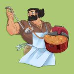  1boy alternate_costume alternate_hairstyle apron bara beard chest_hair_peek cooking cropped_legs dark-skinned_male dark_skin dungeon_meshi dwarf facial_hair full_beard guavajagular hairy highres long_beard looking_to_the_side male_focus mature_male muscular muscular_male pants pectoral_cleavage pectorals polo_shirt senshi_(dungeon_meshi) smile solo stew tareme thick_arm_hair thick_beard thick_eyebrows thick_mustache very_long_beard 