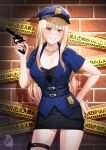  1girl black_skirt blonde_hair blue_shirt blush breasts cleavage collarbone ear_piercing grin gun hat highres kitagawa_marin large_breasts long_hair looking_at_viewer pencil_skirt piercing police police_badge police_hat police_uniform red_eyes shirt short_sleeves skirt smile solo sono_bisque_doll_wa_koi_wo_suru thighs uniform weapon zaregoto_tsukai_no_deshi 