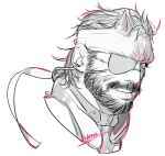  1boy beard cropped_head facial_hair full_beard greyscale headband liyamou looking_at_viewer male_focus mature_male metal_gear_(series) metal_gear_solid_v:_the_phantom_pain monochrome outline pink_outline short_hair smile solo thick_mustache tsurime venom_snake 