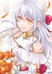  1girl bare_shoulders blue_scarf bouquet bow bride closed_mouth detached_sleeves dress ebi_puri_(ebi-ebi) feathers fire_emblem fire_emblem:_radiant_dawn fire_emblem_heroes flower grey_hair hair_bow half_updo holding holding_bouquet long_hair long_sleeves micaiah_(bridal)_(fire_emblem) micaiah_(fire_emblem) official_alternate_costume scarf simple_background smile solo upper_body wedding_dress white_background white_dress yellow_eyes 