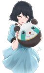  1girl black_hair blue_dress closed_eyes dress highres holding non-web_source shiina_mayuri short_hair short_sleeves signature smile solo steins;gate stuffed_toy upa_(steins;gate) white_background 