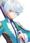  1boy bae_(baebae) grey_hair highres holding holding_staff light_smile looking_to_the_side male_focus mikleo_(tales) purple_eyes short_hair solo staff swept_bangs tales_of_(series) tales_of_zestiria upper_body white_background 