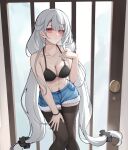  +_+ 1girl alternate_costume azur_lane bare_shoulders black_bra black_thighhighs bra bracelet breasts cleavage closed_mouth collarbone cross-shaped_pupils denim denim_shorts door grey_hair hand_on_own_thigh hand_up highres jewelry large_breasts long_hair low_twintails menck5428 navel red_eyes scylla_(azur_lane) shorts solo stomach symbol-shaped_pupils thighhighs twintails underwear very_long_hair 