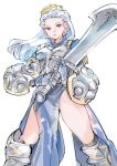  1girl armor armored_boots armored_dress blue_hair boots breastplate crown earrings facing_viewer fighting_stance gauntlets highres holding holding_sword holding_weapon jewelry legs_apart long_hair looking_at_viewer red_eyes sketch solo standing sword thighs two-handed_sword ug333333 unicorn_overlord weapon white_background 