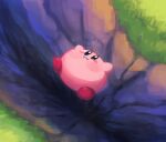  :i arms_up artist_name blue_eyes blush blush_stickers chasm cliff closed_mouth commentary_request day falling full_body grass kirby kirby:_right_back_at_ya kirby_(series) looking_at_viewer no_humans outdoors pitfall puffy_cheeks scene_reference solo suyasuyabi twitter_username 