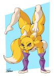 absurd_res anthro areola bandai_namco big_breasts black_sclera blue_eyes breasts canid canine digimon digimon_(species) female fluffy fluffy_tail fur hi_res mammal multicolored_body multicolored_fur neck_tuft nipples nude pink_nipples renamon reymonrr solo tail text thick_thighs tuft two_tone_body two_tone_fur white_body white_fur yellow_body yellow_fur