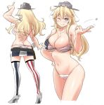  1girl american_flag_bikini ass asymmetrical_legwear bikini blonde_hair blue_eyes breasts cowboy_shot flag_print headgear iowa_(kancolle) kantai_collection large_breasts long_hair miniskirt mismatched_legwear multiple_views simple_background skirt solo standing star-shaped_pupils star_(symbol) striped_clothes striped_skirt striped_thighhighs swimsuit symbol-shaped_pupils tamu_(mad_works) thighhighs thumbs_up vertical-striped_clothes vertical-striped_skirt vertical-striped_thighhighs white_background 