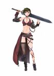  1girl atelier-moo bare_shoulders bikini breasts brown_eyes collar detached_sleeves full_body green_hair hair_between_eyes highres holding holding_sword holding_weapon jewelry large_breasts necklace our_battle_has_just_begun! short_hair short_shorts shorts smile solo standing swimsuit sword taylor(our_battle_has_just_begun!) thighhighs thighs weapon 
