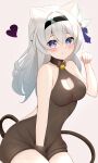  1girl :q absurdres animal_ears arm_between_legs bare_shoulders black_hairband black_sweater blue_eyes blue_pupils blush bow breasts cat_cutout cat_ears cat_girl cat_tail cleavage cleavage_cutout closed_mouth clothing_cutout collarbone commentary cowboy_shot firefly_(honkai:_star_rail) hair_between_eyes hair_bow hair_intakes hairband heart highres honkai:_star_rail honkai_(series) kemonomimi_mode knosdeba large_breasts long_hair looking_at_viewer paw_pose pink_eyes ribbed_sweater sitting sleeveless sleeveless_turtleneck smile solo sweater symbol-only_commentary tail thighs tongue tongue_out turtleneck turtleneck_sweater two-tone_eyes white_bow white_hair 