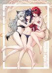  3girls absurdres animal_ears arknights bare_arms bare_legs barefoot beach black_hair border breasts day dierbeibanjia exusiai_(arknights) grey_hair group_hug highres hug lappland_(arknights) lying medium_breasts multiple_girls navel on_back one-piece_swimsuit penguin_logistics_logo red_hair sand small_breasts swimsuit tail teeth texas_(arknights) upper_teeth_only waves white_border wolf_ears wolf_girl wolf_tail 