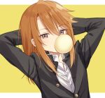  1girl arms_behind_head arms_up bubble_blowing chewing_gum crossdressing gakuran hibiki_tohru highres idolmaster idolmaster_cinderella_girls long_hair looking_at_viewer open_collar orange_eyes orange_hair school_uniform solo upper_body yuuki_haru 