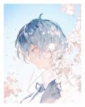  1boy black_jacket black_ribbon blue_eyes blue_hair blue_sky cherry_blossoms closed_mouth earphones falling_petals from_side gekkoukan_high_school_uniform highres jacket male_focus neck_ribbon open_clothes open_jacket persona persona_3 petals profile ribbon school_uniform short_hair sky smile solo upper_body va_ccu yuuki_makoto_(persona_3) 