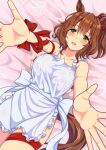  1girl animal_ears apron aston_machan_(umamusume) bare_shoulders blush breasts brown_hair collarbone frills hair_ornament hair_scrunchie highres horse_ears horse_girl horse_tail large_breasts lying nearly_naked_apron on_back on_bed open_mouth outstretched_arms red_ribbon ribbon scrunchie side_ponytail smile tail umamusume valentine yellow_eyes zenrakishi 