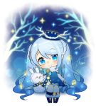  1girl asagao_minoru beamed_eighth_notes blue_dress blue_eyes bunny chibi commentary dress eighth_note fur-trimmed_dress fur-trimmed_hood fur_trim hatsune_miku hood illumination light_blue_hair long_hair looking_at_viewer musical_note musical_note_hair_ornament night sitting smile snowflake_print star_(sky) star_ornament tree twintails very_long_hair vocaloid yuki_miku 