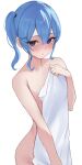  1girl armpit_crease blue_eyes blue_hair blush breasts closed_mouth cowboy_shot fawny groin hair_between_eyes hair_ornament highres holding holding_towel hololive hoshimachi_suisei looking_at_viewer medium_breasts modesty_cover naked_towel shaded_face short_hair side_ponytail sidelocks simple_background solo towel virtual_youtuber white_background white_towel x_hair_ornament 