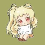  1girl :3 alice_peperoncino animal_on_lap blonde_hair brown_footwear cat chibi chii_(chi_pppuri) closed_mouth full_body green_background hat highres invisible_chair kiratto_pri_chan long_hair looking_at_viewer mini_hat on_lap petting pretty_series red_eyes shoes side_ponytail sidelocks simple_background sitting sleeping smile solo solulu very_long_hair 