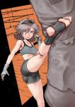  1girl :o ahoge ass bandaged_hand bandages black_background black_shorts blue_eyes boxing_ring brown_hair clenched_hand commission dark exercise feet fingernails flying_sweatdrops grey_sports_bra gym hand_up headband high_kick highres kicking looking_at_viewer messy_hair midriff orange_background original pale_skin parted_lips punching_bag rggr short_hair short_shorts shorts skeb_commission soles solo sports_bra spread_legs standing standing_on_one_leg stirrup_legwear toeless_legwear toes 