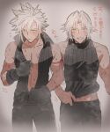  2boys abs adjusting_clothes aged_down alternate_hair_color arm_ribbon bite_mark bite_mark_on_arm bite_mark_on_chest bite_mark_on_neck bite_mark_on_stomach black_gloves black_pants black_vest blush bruise clothes_grab cloud_strife commentary_request dressing final_fantasy final_fantasy_vii final_fantasy_vii_ever_crisis flying_sweatdrops gloves green_eyes grey_background grin hands_up high_collar highres implied_after_sex injury looking_at_viewer looking_to_the_side male_focus multiple_boys navel none_(kameko227) nose_blush official_alternate_eye_color open_clothes open_vest pants pectorals pink_ribbon ribbon sephiroth short_hair sleeveless sleeveless_sweater sleeveless_turtleneck slit_pupils smile spiked_hair steam sweatdrop sweater translation_request turtleneck turtleneck_sweater upper_body vest white_hair yaoi 