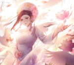  1girl bird bird_wings black_hair comt216 crane_(animal) falling_petals flower khan_van lotus open_mouth original petals reaching short_hair solo tassel vietnamese_clothes vietnamese_dress vietnamese_text wings yellow_eyes 