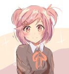  1girl artist_name bad_id bad_pixiv_id blush bow bowtie breasts brown_background brown_sweater close-up closed_mouth commentary doki_doki_literature_club dress_shirt english_commentary furrowed_brow gradient_background hair_ornament hair_ribbon highres long_sleeves looking_at_viewer motion_lines natsuki_(doki_doki_literature_club) neck_ribbon pink_bow pink_bowtie pink_eyes pink_hair pink_ribbon portrait rafiframa ribbon school_uniform shirt short_hair sketch small_breasts smile solo sparkle sweater swept_bangs two_side_up upper_body white_background white_shirt x_hair_ornament 