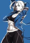  1girl blonde_hair blue_background blue_eyes blue_jacket cammy_white collar crop_top jacket looking_at_viewer midriff miss_faves pants scar street_fighter street_fighter_6 