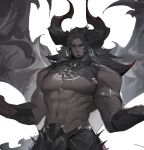  1boy abs ashthepenguin bara bare_pectorals beard black_skin colored_skin demon_boy facial_hair full_beard highres large_horns looking_at_viewer male_focus mature_male mismatched_sclera monster_boy muscular muscular_male navel nipples no_nipples original outstretched_arms pectorals seductive_smile shrug_(clothing) smile solo spread_arms spread_legs stomach thick_eyebrows wide_spread_legs 