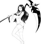 1girl bangs borrowed_character breasts cheshirrr closed_mouth contrapposto dress greyscale highres holding holding_scythe holding_weapon large_breasts long_hair long_sleeves looking_at_viewer monochrome original over_shoulder parted_bangs scythe short_dress simple_background solo standing thighhighs weapon weapon_over_shoulder white_background 
