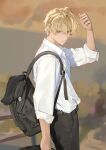  1boy absurdres alternate_costume arm_up backpack bag black_bag black_pants blonde_hair blue_eyes carrying collared_shirt commentary_request from_side hair_between_eyes highres holostars kishido_temma looking_at_viewer male_focus outdoors pants shirt short_hair sleeves_rolled_up solo upper_body virtual_youtuber white_shirt yonsang_(swordmaster) 