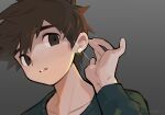  1boy black_eyes brown_hair ear_focus earrings gradient_background green_shirt grey_background hand_on_own_ear hand_up hero_(faraway)_(omori) hero_(omori) highres jewelry long_sleeves moti_(m0cch1m0) omori parted_lips portrait shirt short_hair signature simple_background single_earring solo sparkle 