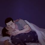  bed black_hair blanket chengongzi123 closed_eyes dark-skinned_male dark_skin facing_another golden_kamuy grey_shirt grin highres jewelry kiss kissing_cheek koito_otonoshin on_bed pajamas pillow purple_background purple_pajamas ring shirt short_hair short_sleeves simple_background smile tsukishima_hajime upper_body very_short_hair yaoi 