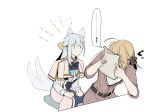  2girls animal_ears anisphia_wynn_palettia belt black_bow black_bowtie black_ribbon blonde_hair blue_hair blue_skirt blush bow bowtie brown_jumpsuit capelet coat commentary_request covering_face dog_ears dog_tail ear_blush euphyllia_magenta hair_ribbon highres jumpsuit kemonomimi_mode lelioz looking_at_another medium_hair multiple_girls no_mouth notice_lines pink_capelet pink_coat ribbon shirt simple_background sitting skirt sleeves_rolled_up speech_bubble staring tail tail_wagging tensei_oujo_to_tensai_reijou_no_mahou_kakumei translation_request white_background white_shirt yellow_ribbon 