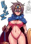  1girl breasts brown_hair circlet closed_mouth dragon_quest dragon_quest_iii gloves looking_at_viewer roto shield short_hair simple_background smile solo swimsuit sword tukiwani weapon white_background 