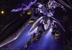  absurdres exhaust flying foreshortening glowing glowing_eyes gundam gundam_kimaris_vidar gundam_tekketsu_no_orphans highres holding holding_polearm holding_weapon insignia lance mecha mobile_suit no_humans oobari_masami outstretched_arms polearm robot science_fiction space star_(sky) v-fin weapon yellow_eyes 