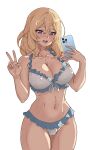  1girl absurdres bikini blonde_hair blue_eyes breasts cellphone cleavage commentary cowboy_shot english_commentary frilled_bikini frills front-tie_bikini_top front-tie_top girls_und_panzer hal_san half-closed_eyes halterneck highres holding holding_phone large_breasts looking_at_viewer medium_hair messy_hair navel open_mouth oshida_(girls_und_panzer) phone simple_background smartphone smile solo standing swimsuit v white_background white_bikini 