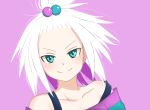  1girl blue_eyes bra_strap dress emapippi forehead freckles gym_leader hair_bobbles hair_ornament homika_(pokemon) looking_at_viewer loose_clothes messy_hair pokemon pokemon_(game) pokemon_bw2 smile solo striped striped_dress topknot white_hair 